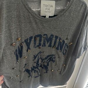 Tricia Fix Gray and Blue Wyoming Graphic Tee with adorable charms attached. M